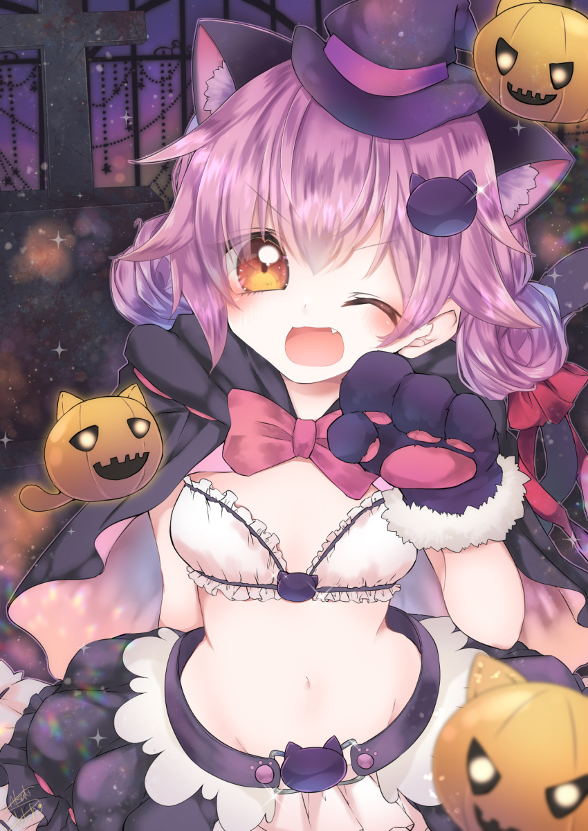 1girl ;d animal_ears aya-0w0 belt black_cape black_headwear black_skirt bow bowtie bra cape cat_ears cat_hair_ornament cowboy_shot daisy_(flower_knight_girl) double_bun flower_knight_girl gloves hair_ornament halloween hat highres jack-o'-lantern looking_at_viewer midriff navel one_eye_closed open_mouth paw_gloves paw_pose paws pink_bow pink_hair short_hair skirt smile solo underwear white_bra witch_hat yellow_eyes