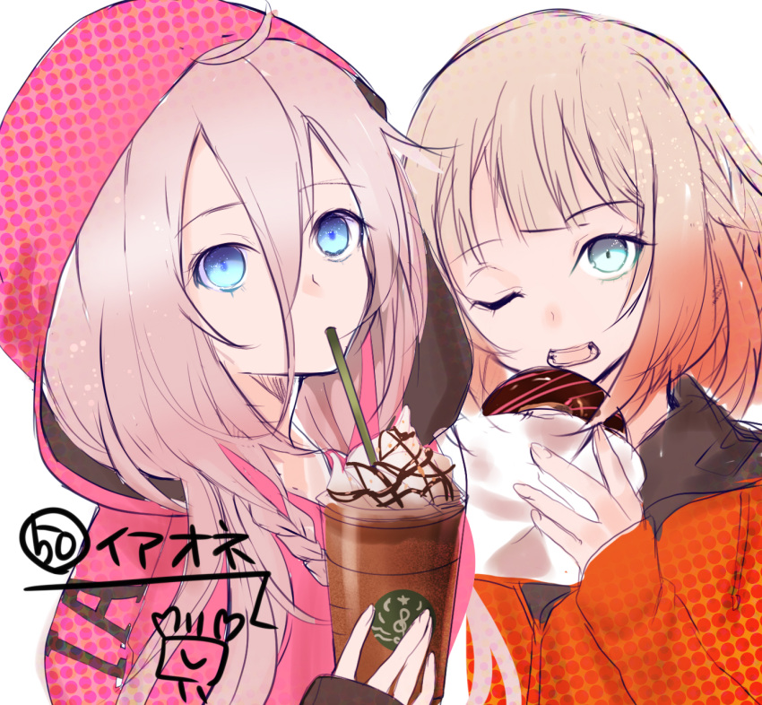 2girls bangs blue_eyes blush brown_hair cevio crossover cup disposable_cup doughnut drawstring drinking drinking_straw eyebrows_visible_through_hair food hair_between_eyes highres holding holding_cup holding_food hood hood_up hooded_jacket ia_(vocaloid) jacket long_hair long_sleeves multiple_girls one_(cevio) one_eye_closed open_mouth orange_jacket pink_jacket simple_background sleeves_past_wrists unmoving_pattern vocaloid white_background yuuki_kira