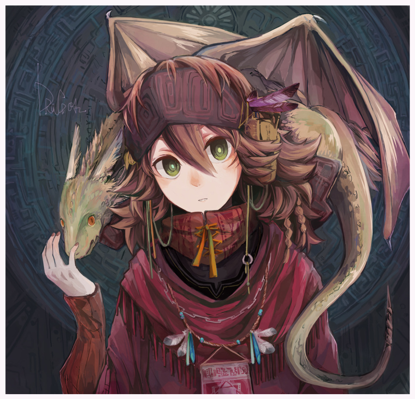 1girl braid brown_hair carrying commentary dragon feathers fingernails fringe_trim green_eyes hair_ornament hand_up headband highres horns jewelry kamura_gimi long_sleeves looking_at_viewer medium_hair necklace original red_shirt ringed_eyes shirt shoulder_carry tail upper_body wings
