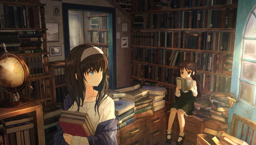 2girls black_hair blue_eyes book book_stack bookshelf bow brown_eyes brown_hair door drawer dress globe green_dress hair_bow hairband highres holding holding_book idolmaster idolmaster_cinderella_girls jewelry library long_hair marimo_(momiage) multiple_girls pendant reading ribbed_sweater sagisawa_fumika shawl sitting smile sweater tachibana_arisu window