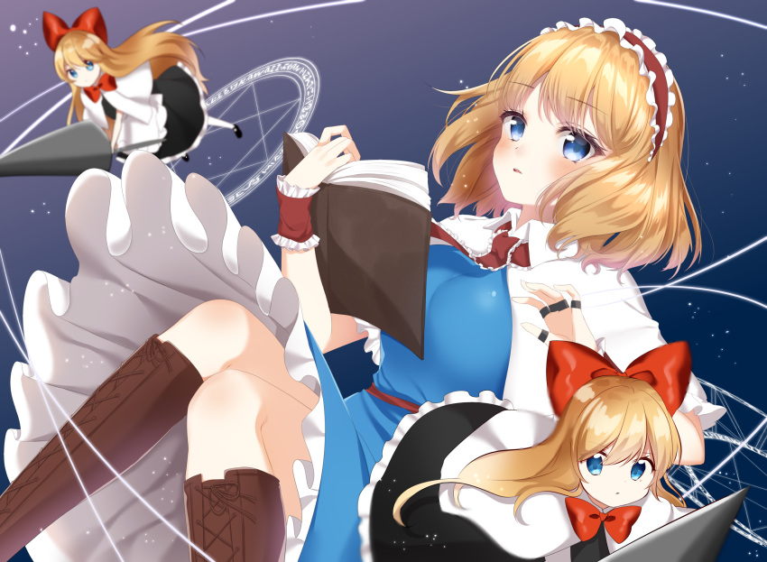 1girl alice_margatroid apron arms_up bangs blonde_hair blue_background blue_dress blue_eyes blush book boots bow capelet commentary cross-laced_footwear dress eyebrows_visible_through_hair feet_out_of_frame floating frilled_ribbon frills hair_bow hairband highres holding holding_book knee_boots knees_together_feet_apart lance leaning_back light_particles light_trail lolita_hairband long_hair looking_at_viewer magic_circle open_book open_mouth parted_lips petticoat polearm puppet_rings red_neckwear red_ribbon ribbon runes sash shanghai_doll shiki_(s1k1xxx) short_hair solo touhou upper_teeth waist_apron weapon white_capelet wrist_cuffs