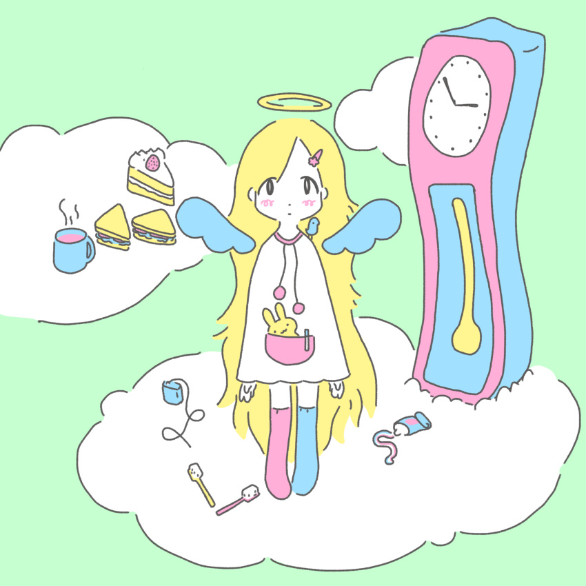 1girl :3 :| absurdres analog_clock angel_wings animal animal_on_shoulder arms_at_sides asymmetrical_legwear bangs bird bird_on_shoulder blonde_hair blue_legwear blush_stickers cake clock closed_mouth clouds cup dot_nose drawstring drink expressionless eyes_visible_through_hair flat_color food fruit green_background hair_ornament hairclip halo highres long_hair looking_at_viewer mug no_shoes original parted_bangs pen pink_legwear pocket pom_pom_(clothes) sandwich sink's_adventure slice_of_cake socks solo standing steam strawberry strawberry_shortcake stuffed_animal stuffed_bunny stuffed_toy tareme toothbrush toothpaste very_long_hair white_skin wings