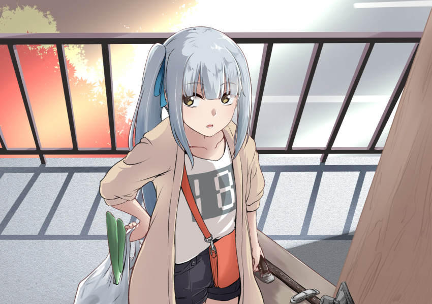 1girl alternate_costume bag bangs black_shorts blue_ribbon blush brown_eyes brown_jacket collarbone commentary_request day eyebrows_visible_through_hair food hair_ribbon hand_on_hip holding holding_bag jacket kantai_collection kasumi_(kantai_collection) long_hair looking_away looking_to_the_side open_clothes open_door open_jacket outdoors parted_lips plastic_bag railing rakisuto ribbon shirt short_shorts short_sleeves shorts shoulder_bag side_ponytail silver_hair solo suitcase very_long_hair white_shirt