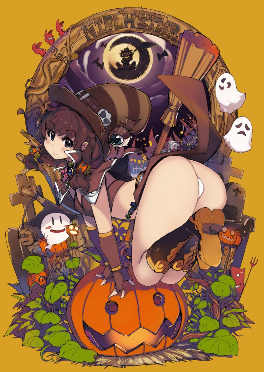 1girl ass black_eyes blush boots breasts broom brown_hair ghost hair_ornament halloween hat highres long_hair low_twintails midriff panties pumpkin ragnarok_online sorcerer twintails underwear witch witch_hat xration