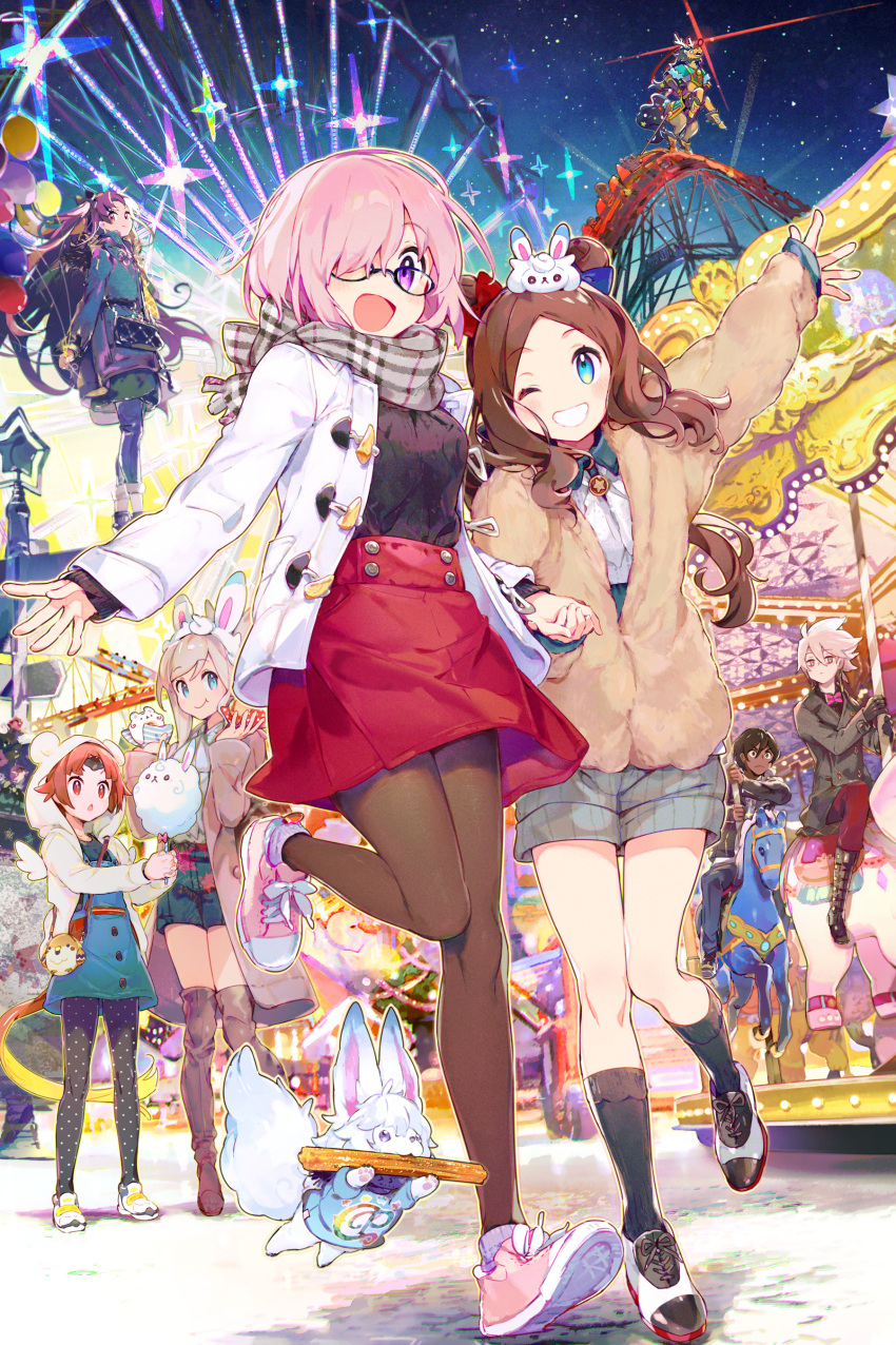 absurdres animal_hood arjuna_(fate/grand_order) bag balloon benienma_(fate/grand_order) boots carousel casual churro coat cotton_candy dark_skin dark_skinned_male eating fate/grand_order fate_(series) ferris_wheel food fou_(fate/grand_order) glasses hamburger handbag highres hood ishtar_(fate/grand_order) karna_(fate) leonardo_da_vinci_(fate/grand_order) leonardo_da_vinci_(rider)_(fate) mash_kyrielight miyamoto_musashi_(fate/grand_order) namie-kun night night_sky official_art one_eye_closed pantyhose red_hare_(fate/grand_order) roller_coaster scarf shoes shorts skirt sky sneakers thigh-highs thigh_boots winter_clothes winter_coat