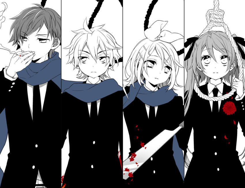 2boys 2girls 59_(seventhstar) black_neckwear cigarette formal hair_ornament hairclip hatsune_miku holding holding_cigarette kagamine_len kagamine_rin kaito looking_away looking_up multiple_boys multiple_girls necktie noose rope sawblade smoke smoking spot_color suit twintails vocaloid