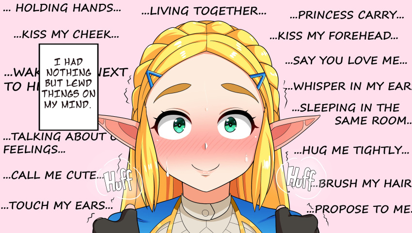 1girl absurdres blonde_hair blush braid commentary elf english_text forehead green_eyes hair_ornament hairclip hands_on_shoulders heavy_breathing highres link long_hair looking_at_viewer nose_blush pointy_ears pov princess_zelda sidelocks smile solo sweatdrop the_legend_of_zelda the_legend_of_zelda:_breath_of_the_wild the_legend_of_zelda:_breath_of_the_wild_2 the_only_shoe thick_eyebrows