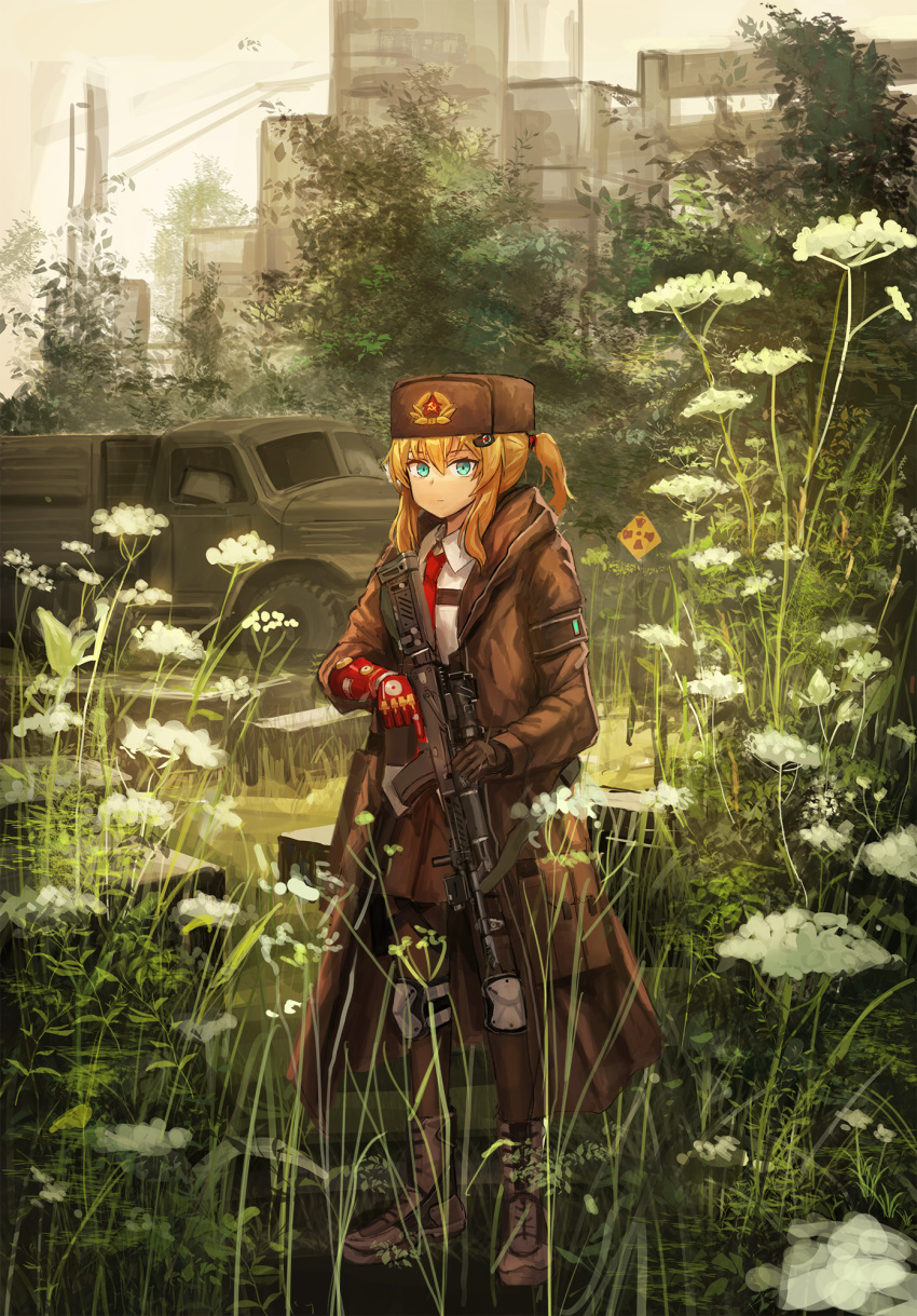 1girl ak-74m aqua_eyes blonde_hair boots brown_coat brown_footwear brown_headwear brown_legwear brown_skirt coat collared_shirt day flower full_body fur_hat gloves gun hat highres holding holding_weapon knee_pads lithium10mg long_hair looking_at_viewer necktie original pantyhose pleated_skirt ponytail prosthesis prosthetic_arm radiation_symbol red_neckwear scope shirt skirt solo soviet standing ushanka vehicle weapon white_shirt