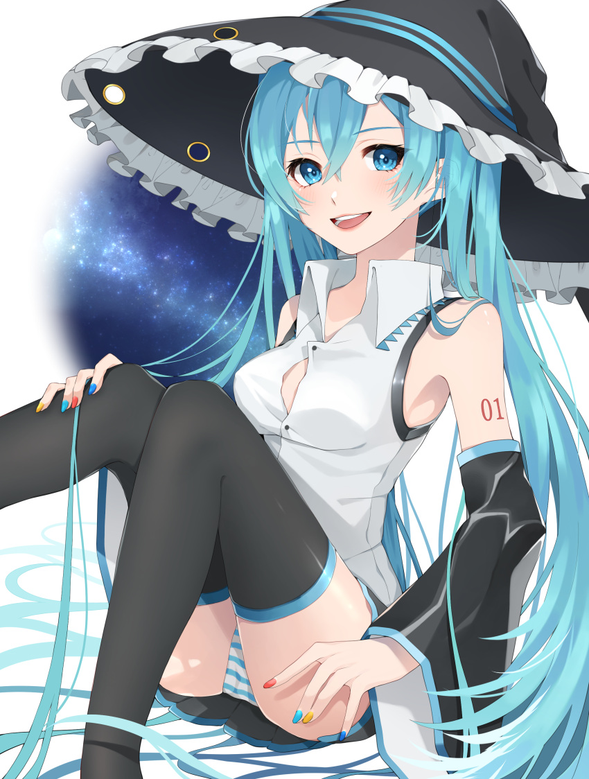 1girl absurdres aqua_eyes aqua_hair aqua_nails bare_shoulders black_legwear black_skirt black_sleeves blue_nails commentary detached_sleeves frilled_hat frills galaxy hand_on_own_knee hat hatsune_miku highres hotaru_(secru_0000) knees_up lipstick long_hair looking_at_viewer makeup miniskirt mismatched_nail_polish nail_polish night night_sky open_mouth panties pantyshot red_nails shirt shoulder_tattoo sitting skirt sky sleeveless sleeveless_shirt smile solo striped striped_panties tattoo thigh-highs tight_shirt twintails underwear very_long_hair vocaloid white_shirt witch_hat yellow_nails