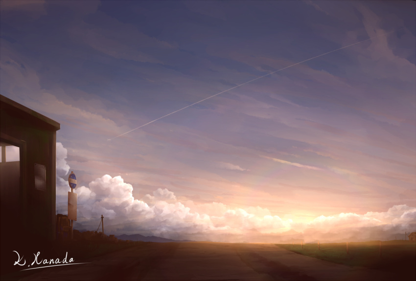 alu.m_(alpcmas) bus_stop clouds condensation_trail dark fence hill horizon no_humans original road scenery sign signature sky street sunset telephone_pole