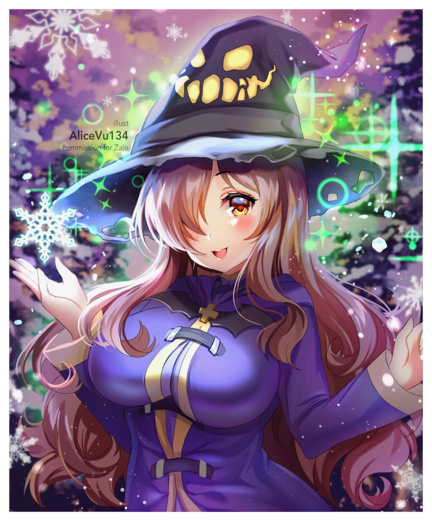 1girl alice_vu artist_name black_headwear blush breasts brown_eyes brown_hair commentary commission hair_over_one_eye hat highres kono_subarashii_sekai_ni_shukufuku_wo! large_breasts long_hair long_sleeves looking_at_viewer open_mouth smile solo upper_teeth witch_hat wiz_(konosuba)