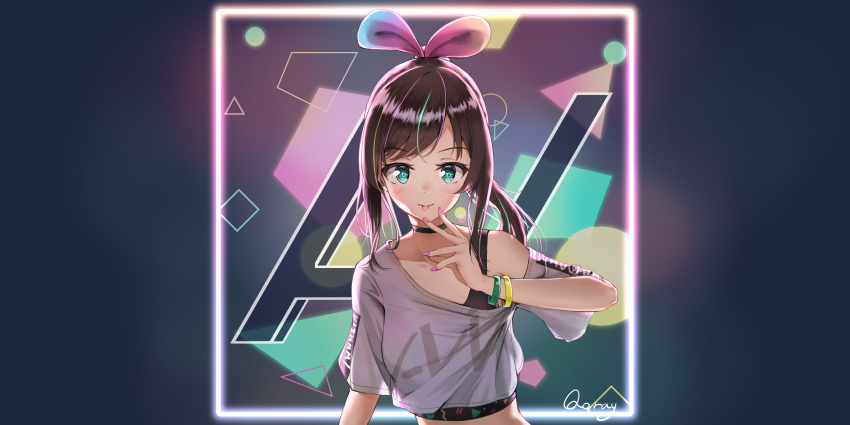 1girl a.i._channel absurdres aiaiai bangs bare_shoulders black_choker blush breasts brown_hair choker commentary_request eyebrows_visible_through_hair green_eyes hairband highres kizuna_ai long_hair looking_at_viewer multicolored_hair nail_polish pink_hair pink_hairband pink_nails pink_shirt ponytail qoray7 shirt smile solo streaked_hair virtual_youtuber