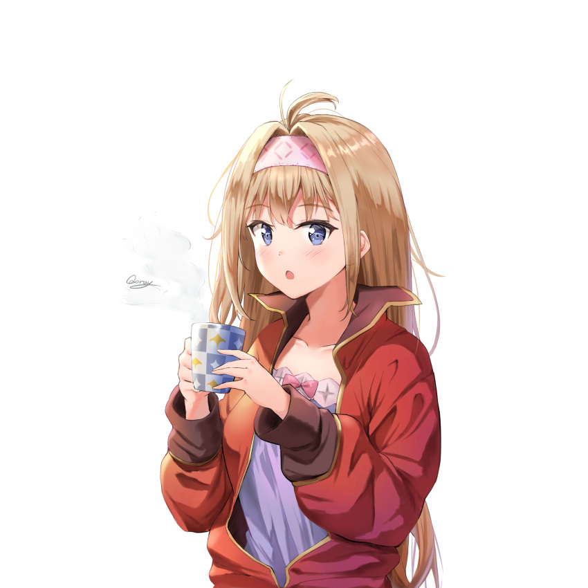 1girl absurdres antenna_hair artist_name bangs blonde_hair blue_eyes bow breasts collarbone commentary_request cup eyebrows_visible_through_hair granblue_fantasy hair_ornament hairband highres holding holding_cup jacket jeanne_d'arc_(granblue_fantasy) long_hair looking_at_viewer pink_bow qoray7 red_jacket shirt simple_background solo violet_eyes white_background