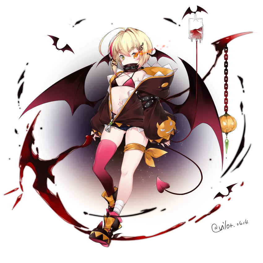 1girl absurdres ahoge alternate_costume azur_lane bandaged_leg bandages bare_shoulders bat bikini_top blonde_hair blood blood_bag boots brown_jacket chain commentary covered_mouth demon_girl demon_tail demon_wings denim denim_shorts full_body green_eyes halloween halloween_costume heterochromia high_collar highres holding holding_scythe huge_filesize jacket leg_ribbon long_sleeves looking_at_viewer multicolored_hair open_clothes open_jacket orange_eyes pink_legwear puffy_sleeves ribbon scythe short_hair short_shorts shorts single_thighhigh skindentation solo southampton_(azur_lane) stomach stomach_tattoo streaked_hair tail tattoo thigh-highs transparent_background twitter_username vilor wings zipper_pull_tab