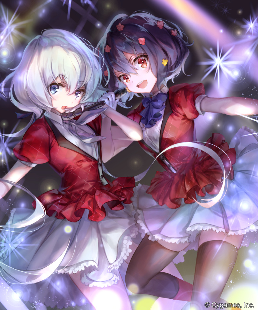 2girls :d black_hair black_legwear blue_eyes commentary_request flower gloves hair_flower hair_ornament highres holding holding_microphone irua jacket konno_junko locked_arms looking_at_viewer microphone mizuno_ai multiple_girls open_mouth pleated_skirt puffy_short_sleeves puffy_sleeves red_eyes red_jacket shirt short_hair short_hair_with_long_locks short_sleeves silver_hair skirt smile stage stage_lights thigh-highs twintails upper_teeth white_gloves white_shirt white_skirt zombie_land_saga