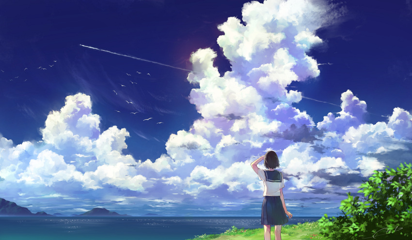 1girl bird black_hair blue_sky bush clouds commentary_request condensation_trail from_behind grass hand_on_forehead highres horizon looking_afar m.b mountain ocean original outdoors scenery school_uniform serafuku short_hair signature sky solo summer water