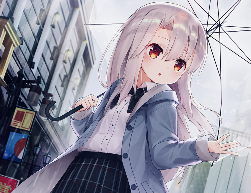 1girl :o bangs black_bow black_skirt blue_jacket bow building clouds cloudy_sky collared_shirt commentary_request dress_shirt eyebrows_visible_through_hair fate/kaleid_liner_prisma_illya fate_(series) hair_between_eyes holding holding_umbrella illyasviel_von_einzbern jacket long_hair long_sleeves open_clothes open_jacket outdoors overcast parted_lips plaid plaid_bow plaid_skirt pleated_skirt rain red_eyes shirt silver_hair skirt sky sleeves_past_wrists solo taku_michi transparent transparent_umbrella umbrella upper_teeth very_long_hair white_shirt