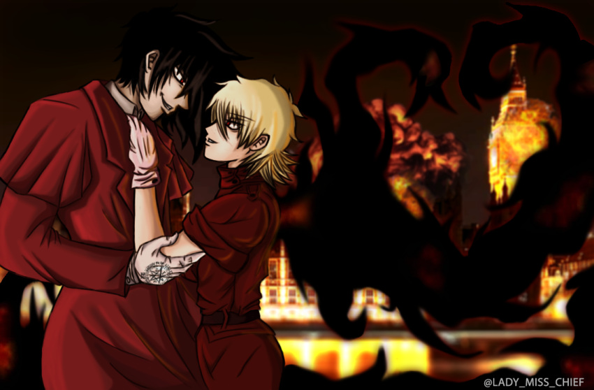 alucard_(hellsing) blonde_hair blood blood_on_face couple dracula hellsing ladymisschief seras_victoria vampire