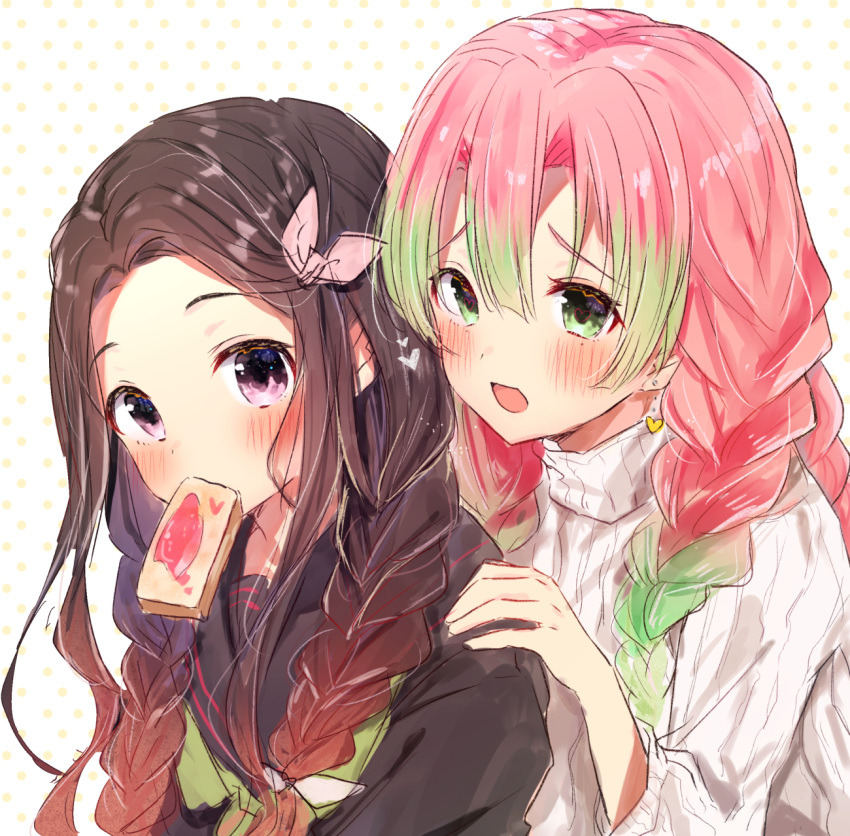 2girls alternate_hairstyle bangs black_hair black_sailor_collar black_shirt brown_hair earrings eyebrows_visible_through_hair food food_in_mouth gradient_hair green_eyes green_hair gyozanuko hair_between_eyes hand_on_another's_shoulder hand_up heart heart-shaped_pupils heart_earrings highres jewelry kamado_nezuko kanroji_matsuri kimetsu_no_yaiba long_sleeves mouth_hold multicolored_hair multiple_girls pink_hair polka_dot polka_dot_background ribbed_sweater sailor_collar school_uniform serafuku shirt simple_background sweater symbol-shaped_pupils toast toast_in_mouth turtleneck turtleneck_sweater violet_eyes white_background white_sweater