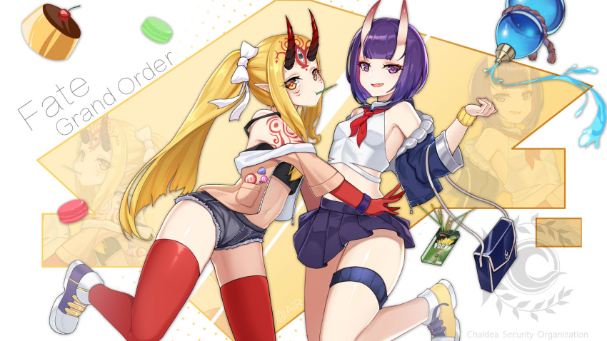 2girls bag bare_shoulders black_camisole black_shorts blonde_hair blue_jacket blush bow breasts brown_jacket camisole closed_mouth commentary_request copyright_name crop_top facial_mark fang fate/grand_order fate_(series) food food_in_mouth forehead_mark gourd hair_bow highres horns ibaraki_douji_(fate/grand_order) jacket long_hair long_sleeves macaron midriff mo_ying_yu multiple_girls neckerchief off_shoulder oni oni_horns open_clothes open_jacket open_mouth panties pleated_skirt pocky pointy_ears pudding purple_footwear purple_hair purple_skirt red_eyes red_legwear red_neckwear shirt shoes short_hair short_shorts shorts shoulder_bag shuten_douji_(fate/grand_order) sidelocks skirt sleeveless sleeveless_shirt small_breasts standing standing_on_one_leg strap_slip thigh-highs underwear very_long_hair violet_eyes white_bow white_panties white_shirt wristband yellow_footwear