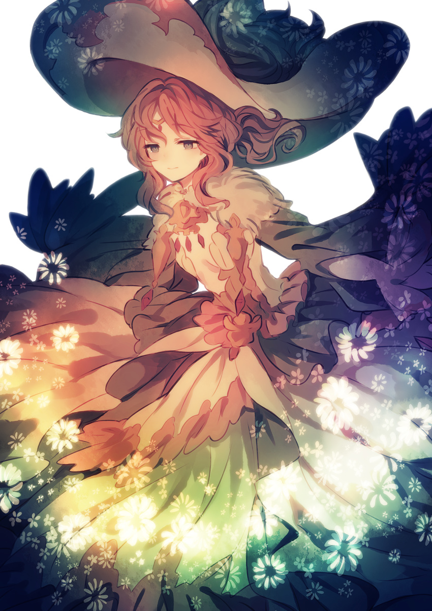 1girl character_request closed_mouth dress floral_print granblue_fantasy hat highres long_dress long_hair long_sleeves looking_to_the_side redhead simple_background solo white_background wiriam07