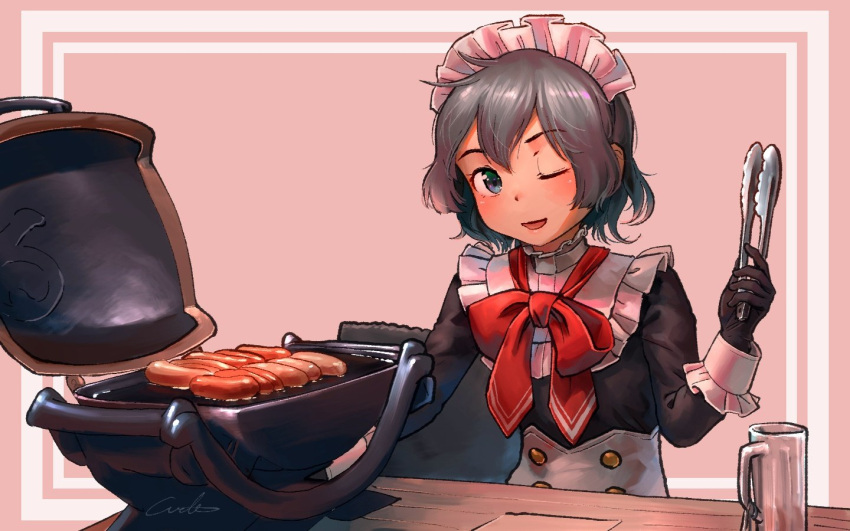 1girl ;d alternate_costume black_eyes black_gloves black_hair commentary_request cup enmaided eyebrows_visible_through_hair food gloves grill kaban_(kemono_friends) kemono_friends looking_at_viewer maid maid_headdress mug one_eye_closed open_mouth pink_background red_neckwear sausage short_hair signature simple_background smile solo table welt_(kinsei_koutenkyoku)