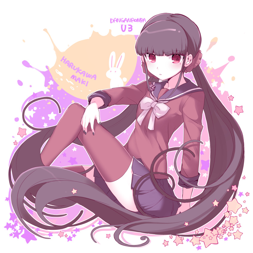 1girl bangs black_hair blunt_bangs character_name commentary_request copyright_name dangan_ronpa enperaa from-side hair_ornament harukawa_maki highres long_hair looking_at_viewer low_twintails mole mole_under_eye new_dangan_ronpa_v3 pleated_skirt rabbit red_eyes red_legwear red_nails red_scrunchie red_shirt school_uniform scrunchie serafuku shirt simple_background sitting skirt solo thigh-highs twintails very_long_hair