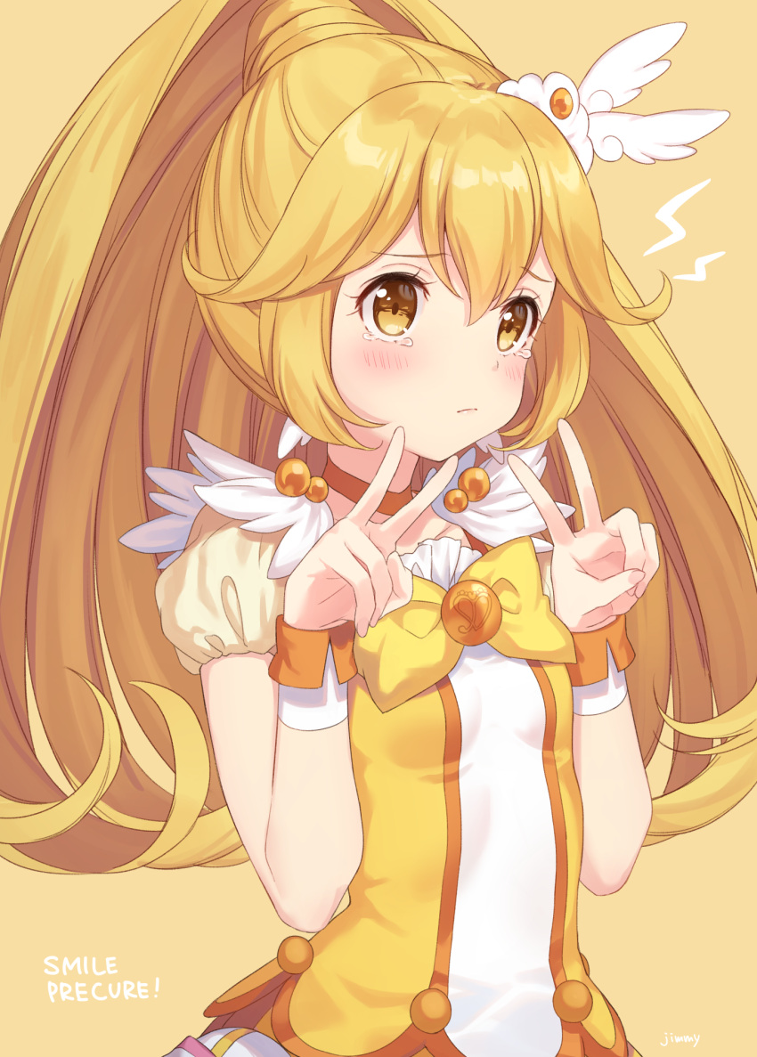 1girl blonde_hair blush bow bowtie choker closed_mouth commentary copyright_request cure_peace double_v highres jimmy kise_yayoi magical_girl ponytail precure puffy_short_sleeves puffy_sleeves short_sleeves signature simple_background smile_precure! solo tears upper_body v wrist_cuffs yellow_background yellow_bow yellow_choker yellow_eyes yellow_theme