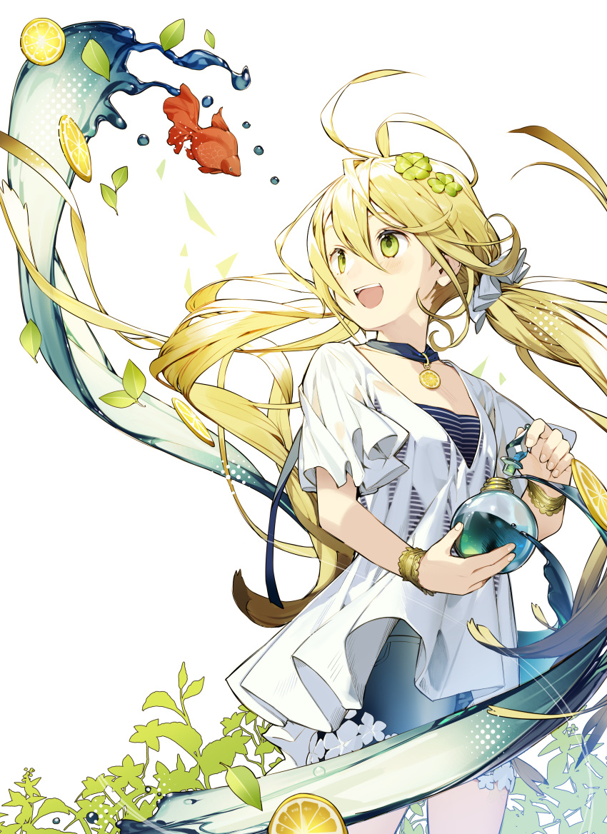 1girl :d absurdres animal antenna_hair bangs blonde_hair blue_shorts blush clover clover_hair_ornament collarbone dress eyebrows_visible_through_hair fish flask food four-leaf_clover fruit green_eyes hair_between_eyes hair_ornament hair_scrunchie highres lemon lemon_slice long_hair looking_away looking_to_the_side low_twintails misoni_comi open_mouth original scrunchie short_shorts shorts simple_background smile solo striped twintails upper_teeth very_long_hair water white_background white_dress white_scrunchie