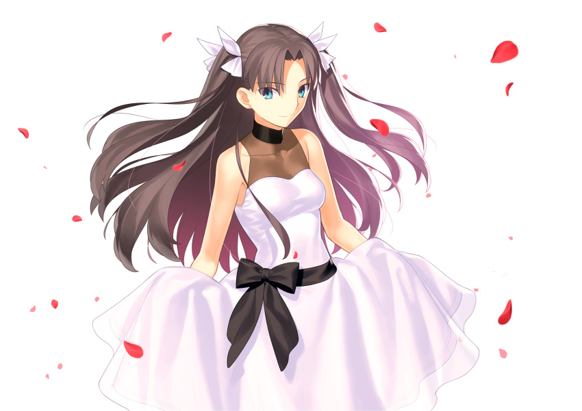 1girl black_hair bow breasts dress fate/stay_night fate_(series) green_eyes highres holding_dress long_hair official_art petals ribbon smile solo takeuchi_takashi toosaka_rin twintails white_background