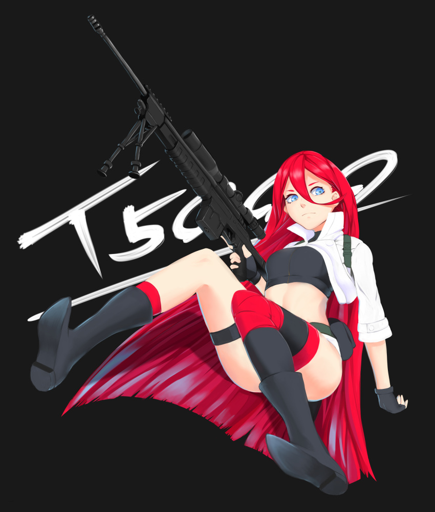 1girl absurdres ass belt bipod black_background black_footwear black_gloves blue_eyes boots breasts character_name closed_mouth crop_top dyun fingerless_gloves floating floating_hair frown full_body girls_frontline gloves gun hair_between_eyes highres jacket knee_boots kneehighs load_bearing_equipment long_hair looking_afar midriff open_clothes open_jacket orsis_t-5000 pouch red_legwear redhead rifle scope short_shorts shorts simple_background single_kneehigh single_thighhigh sniper_rifle solo t-5000_(girls_frontline) thigh-highs thigh_strap thighs trigger_discipline turtleneck very_long_hair weapon white_jacket white_shorts white_text