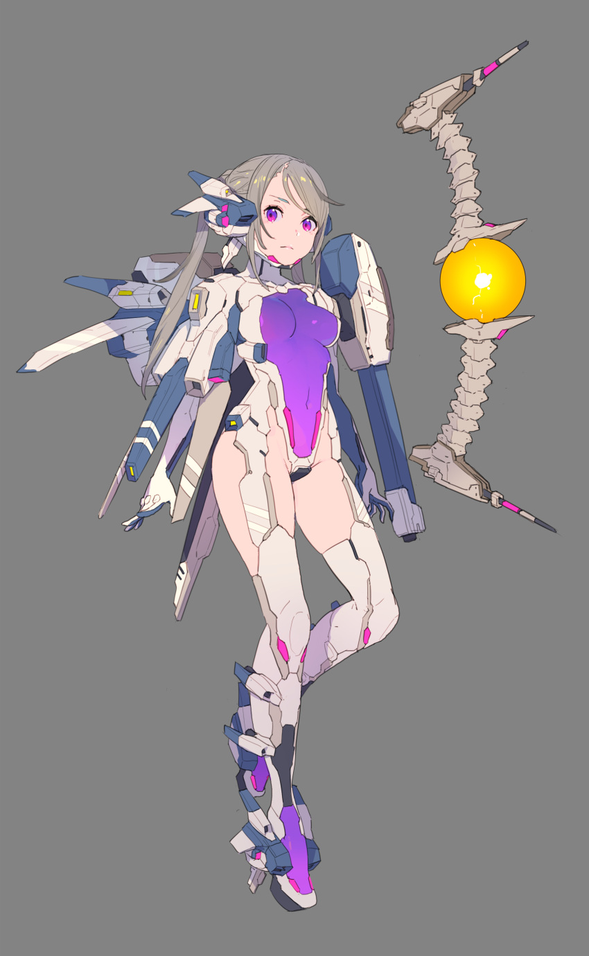 1girl absurdres bangs breasts character_request closed_mouth commentary_request covered_navel elbow_gloves eyebrows_behind_hair full_body gloves grey_background grey_hair groin headgear highres long_hair looking_at_viewer machinery mecha_musume nagisa_kurousagi orb purple_legwear r-type sidelocks simple_background small_breasts solo standing standing_on_one_leg thigh-highs twintails violet_eyes white_gloves white_legwear