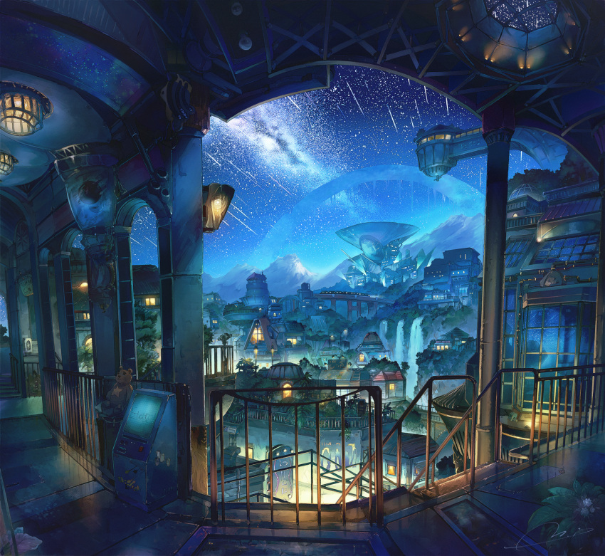 arcade_cabinet bridge city city_lights cityscape commentary dark fantasy ground_vehicle hallway highres huge_filesize lantern m.b mountain nature night night_sky no_humans original plant railing reflection rooftop scenery shooting_star sky skylight stairs star star_(sky) starry_sky stuffed_animal stuffed_toy teddy_bear train tree water waterfall window