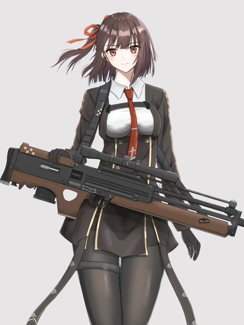 1girl alternate_hair_length alternate_hairstyle blush brown_hair bullpup commentary_request cowboy_shot earpiece girls_frontline gun hair_ribbon highres necktie pantyhose red_eyes ribbon rifle rynn_(user_rkgs8583) scope short_hair side_ponytail skirt smile sniper_rifle uniform wa2000_(girls_frontline) walther walther_wa_2000 weapon