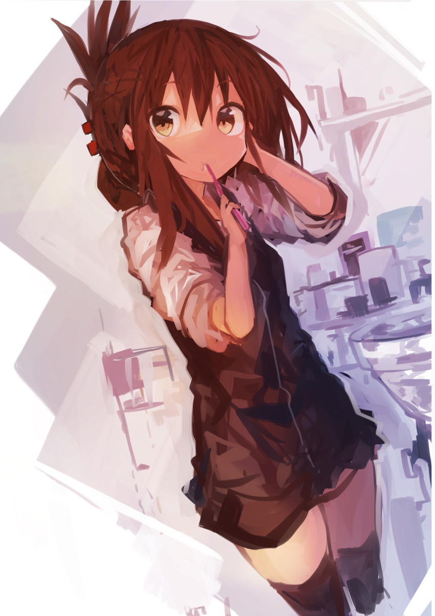 1girl absurdres alternate_costume bangs bathroom brown_eyes brown_hair brushing_teeth dutch_angle folded_ponytail hair_between_eyes hand_in_hair highres inazuma_(kantai_collection) kaamin_(mariarose753) kantai_collection looking_at_viewer sidelocks solo standing thigh-highs toothbrush