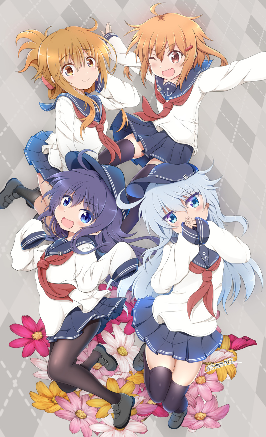 4girls absurdres akatsuki_(kantai_collection) anchor_symbol argyle argyle_background black_footwear black_legwear black_sailor_collar black_skirt blue_eyes brown_eyes brown_hair covering_mouth flat_cap flower folded_ponytail full_body grey_background hair_between_eyes hair_ornament hairclip hat hibiki_(kantai_collection) highres ikazuchi_(kantai_collection) inazuma_(kantai_collection) jumping kantai_collection kneehighs long_hair long_sleeves messy_hair multiple_girls neckerchief one_eye_closed pantyhose pleated_skirt purple_hair red_neckwear sailor_collar school_uniform serafuku shirt silver_hair skirt tamayan thigh-highs violet_eyes white_hair white_shirt