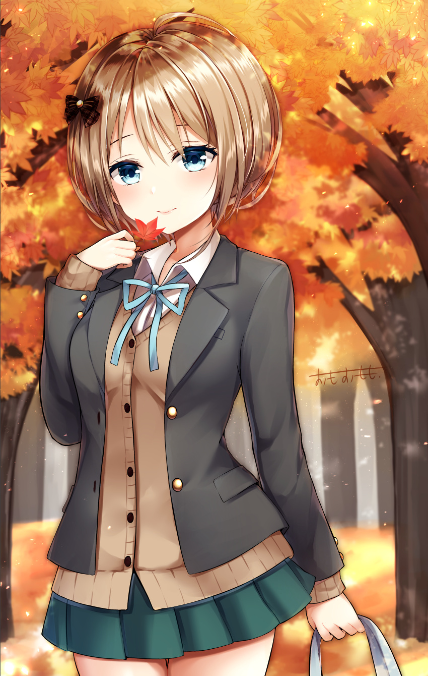 1girl absurdres ahoge autumn autumn_leaves black_jacket blazer blue_eyes blue_neckwear bow brown_cardigan brown_hair buttons collared_shirt commentary_request cowboy_shot forest green_skirt hair_bow hand_up highres holding jacket leaf long_sleeves looking_at_viewer maple_leaf miniskirt nature neck_ribbon omoomomo open_clothes open_jacket original outdoors pleated_skirt ribbon school_uniform shirt short_hair signature skirt smile solo tree undershirt white_shirt wing_collar