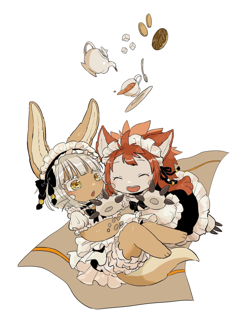 animal_ears closed_eyes cup falling furry highres kawasemi27 made_in_abyss maid mitty_(made_in_abyss) mitty_(made_in_abyss)_(furry) nanachi_(made_in_abyss) redhead tail teacup teapot white_background white_hair yellow_eyes