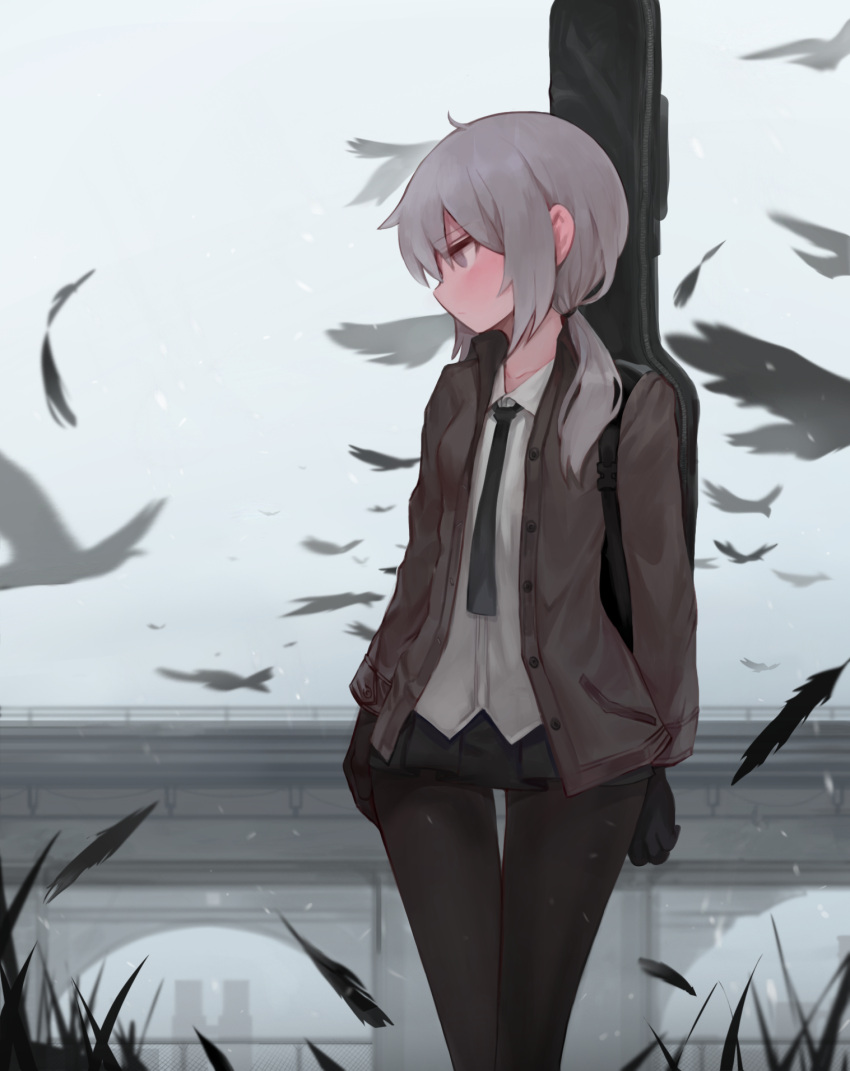 1girl ahoge animal bangs bird black_gloves black_legwear black_neckwear black_skirt bridge brown_jacket closed_mouth collared_shirt day dokomon expressionless girls_frontline gloves grass grey_eyes grey_hair guitar_case highres instrument_case jacket long_hair long_sleeves looking_away looking_to_the_side low_twintails m200_(girls_frontline) miniskirt necktie open_clothes open_jacket outdoors pantyhose pleated_skirt profile shirt skirt solo standing thigh_gap twintails unbuttoned white_shirt