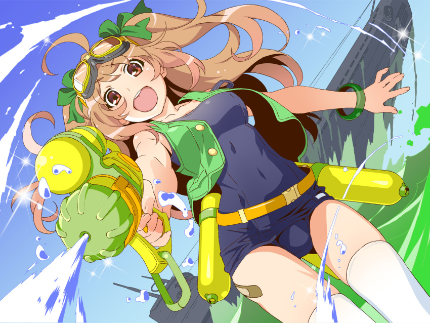 1girl ahoge belt boat bow bracelet brown_eyes brown_hair dutch_angle firing goggles goggles_on_head green_bow hair_bow highres jewelry long_hair looking_at_viewer midori-chan_(myslot) myslot open_mouth outdoors pointing pointing_at_viewer school_swimsuit sky smile solo sparkle standing swimsuit thigh-highs twintails vest watanabe_akio water water_gun watercraft white_legwear