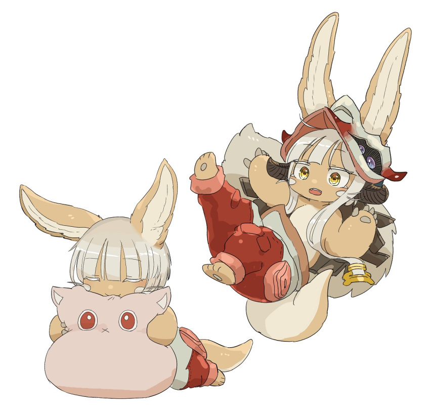 animal_ears bad_id bad_twitter_id closed_eyes doll_hug falling furry green_eyes highres kawasemi27 made_in_abyss nanachi_(made_in_abyss) open_mouth surprised tail white_background white_hair