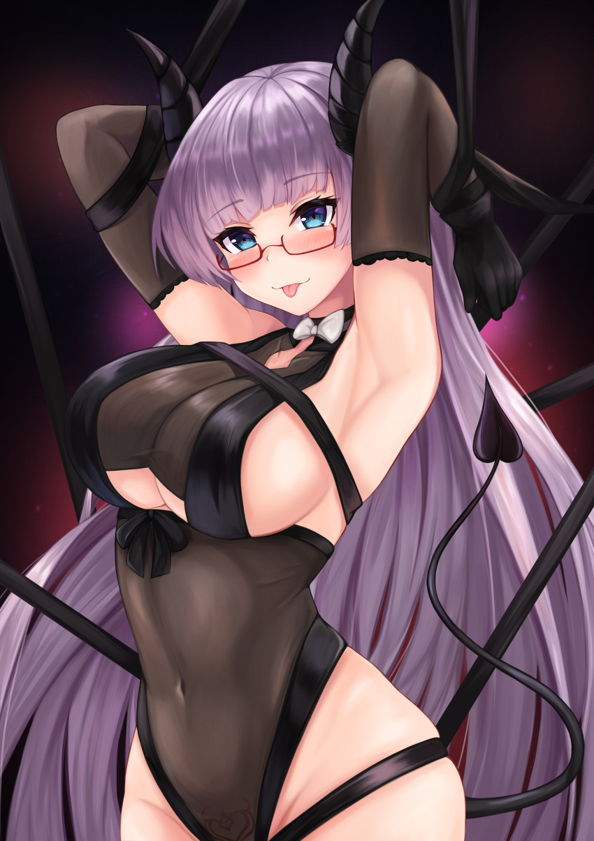 1girl absurdres armpits arms_up azur_lane bare_shoulders black_gloves black_ribbon blue_eyes bow bowtie breasts brown_leotard covered_navel cowboy_shot demon_girl demon_horns demon_tail detached_sleeves glasses gloves gneisenau_(azur_lane) gneisenau_(nightmarish_succubus)_(azur_lane) groin highres horns large_breasts leotard long_hair looking_at_viewer looking_over_eyewear pubic_tattoo purple_hair red-framed_eyewear ribbon ryara_vivi semi-rimless_eyewear sideboob skindentation smile solo tail tattoo thighs tongue tongue_out under-rim_eyewear under_boob underboob_cutout very_long_hair