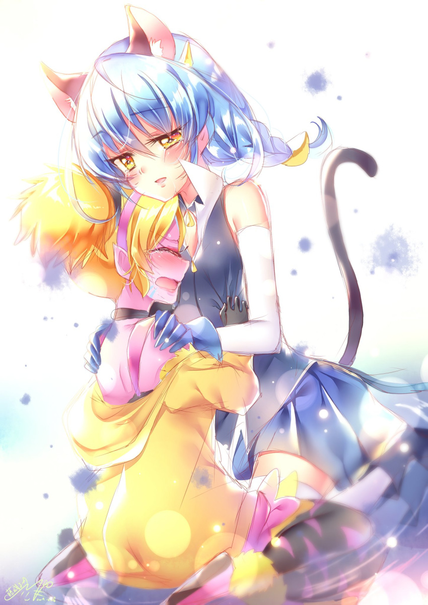 2girls animal_ears aqua_hair black_legwear blonde_hair blue_gloves blue_skirt blush braid cat_ears cat_tail crying cure_cosmo cyclops elbow_gloves eyewon_(precure) gloves hairband highres hood hoodie long_hair magical_girl mao_(precure) multiple_girls one-eyed pink_skin pointy_ears precure short_hair signature simple_background sitting skirt sleeveless spoilers star_twinkle_precure tail tears thigh-highs touki_matsuri wariza white_background white_gloves