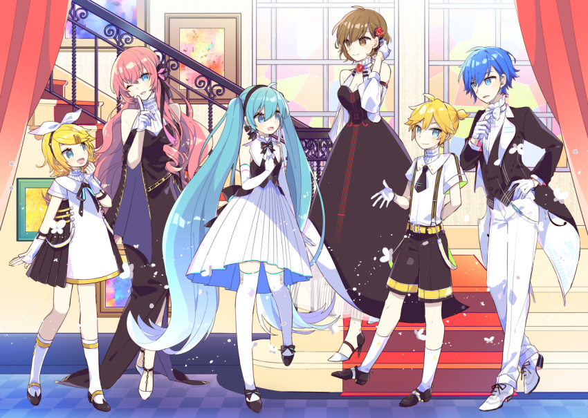 2boys 4girls aqua_eyes aqua_hair bangs bare_shoulders belt black_dress black_jacket blonde_hair blue_eyes blue_hair bow bowtie brown_eyes brown_hair checkered checkered_floor coattails commentary detached_sleeves dress finger_to_mouth full_body gloves hair_bow hair_ornament hairband hairclip hand_in_hair hand_on_own_chest hatsune_miku index_finger_raised indoors jacket kagamine_len kagamine_rin kaito long_hair megurine_luka meiko miku_symphony_(vocaloid) multiple_boys multiple_girls necktie one_eye_closed painting_(object) pants pink_hair pleated_skirt shirt shoe_bow shoes short_hair short_necktie short_ponytail short_sleeves shorts skirt sleeveless sleeveless_shirt smile spiky_hair stairs swept_bangs thigh-highs twintails very_long_hair vocaloid white_bow white_dress white_gloves white_legwear white_pants white_shirt wide_shot window yoshiki zettai_ryouiki