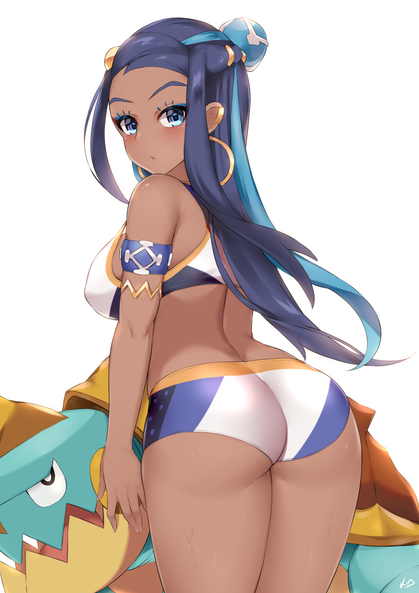 1girl absurdres armlet ass back bare_shoulders black_hair blue_eyes blue_hair blush breasts butt_crack covered_nipples cowboy_shot dark_skin drednaw earrings eyeliner forehead from_behind gen_8_pokemon gym_leader hair_bun highres hoop_earrings jewelry kuavera large_breasts long_hair looking_at_viewer looking_back makeup mascara multicolored_hair paid_reward parted_lips patreon_reward pokemon pokemon_(creature) pokemon_(game) pokemon_swsh rurina_(pokemon) shorts signature simple_background sports_bra sportswear standing thighs two-tone_hair white_background