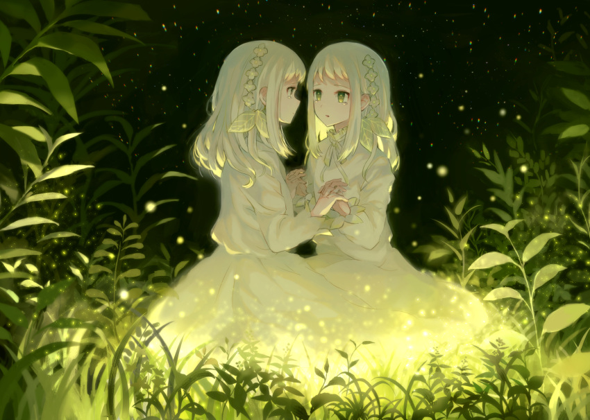 2girls bangs dark dress eye_contact fireflies frills glowing glowing_hair green_eyes green_theme hair_ornament hair_ribbon highres holding_hands interlocked_fingers leaf_hair_ornament long_hair long_sleeves looking_at_another multiple_girls nature neck_ribbon original pabo plant profile ribbon see-through siblings sisters sitting symbol_commentary tears tress_ribbon twins white_dress white_hair