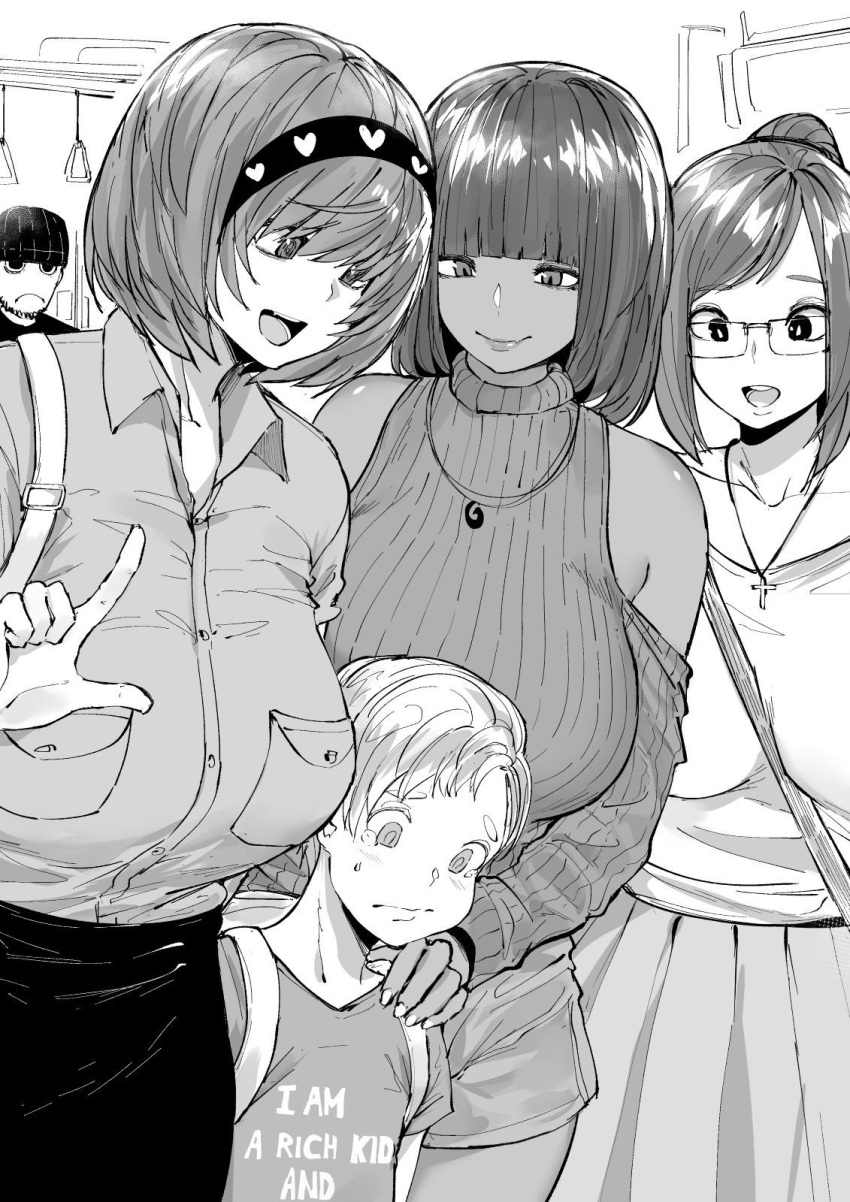 3girls :d backpack bag bangs bare_shoulders breasts collared_shirt cross cross_necklace dark_skin dress_shirt english_commentary glasses greyscale hairband handbag highres hime_cut index_finger_raised jewelry large_breasts mature monochrome multiple_girls necklace norman_maggot open_mouth original ponytail ribbed_shirt shirt short_hair short_shorts shorts shota skirt smile standing sweatdrop tan younger