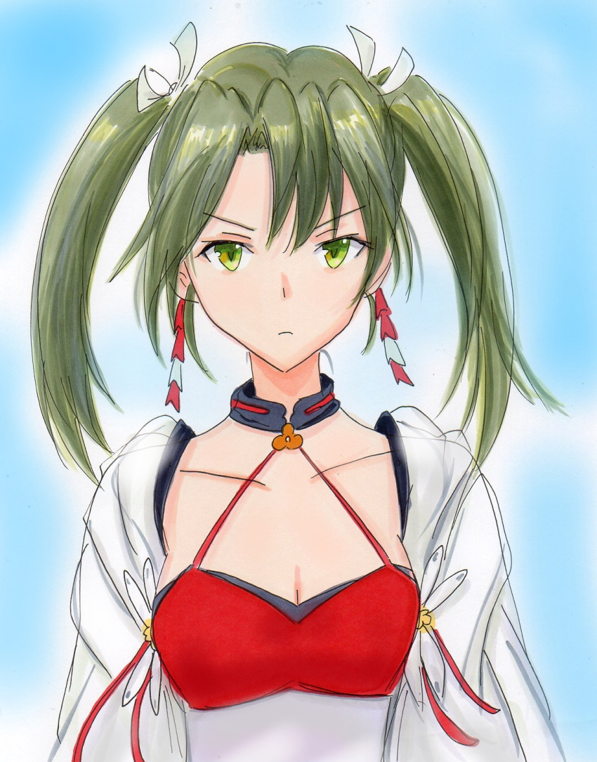 1girl cosplay green_hair hair_ribbon highres japanese_clothes kantai_collection long_hair marker_(medium) millipen_(medium) potekite ribbon simple_background solo traditional_media twintails zuikaku_(azur_lane) zuikaku_(azur_lane)_(cosplay) zuikaku_(kantai_collection)