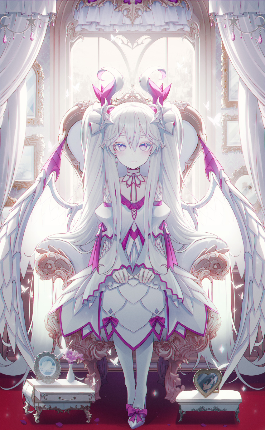 +_+ 1girl absurdly_long_hair absurdres albino armchair blush bow chair closed_mouth collarbone dragon_girl dragon_wings eyebrows_visible_through_hair full_body high_heels highres lolita_fashion long_hair looking_at_viewer okazu_(eightstudio) original pantyhose purple_bow smile standing thick_eyebrows twintails very_long_hair violet_eyes white_footwear white_hair wings