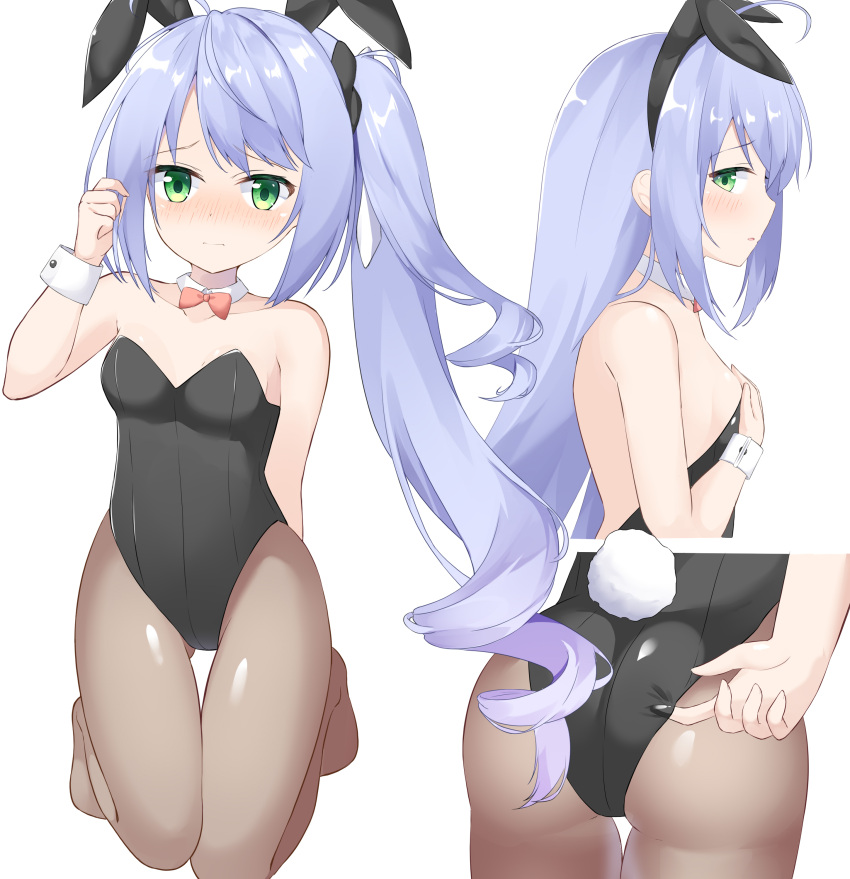 1girl absurdres adjusting_clothes adjusting_leotard ahoge animal_ears ass_visible_through_thighs azur_lane bangs bare_shoulders black_hairband black_leotard blue_hair blush bow bowtie breasts brown_legwear bunny_girl bunny_tail bunnysuit closed_mouth collar commentary_request detached_collar eyebrows_visible_through_hair fake_animal_ears green_eyes hairband hand_up highres kneeling l'opiniatre_(azur_lane) leotard long_hair multiple_views no_shoes nose_blush pantyhose parted_lips rabbit_ears red_neckwear roido_(taniko-t-1218) side_ponytail sidelocks simple_background small_breasts strapless strapless_leotard tail thigh_gap very_long_hair white_background white_collar wing_collar wrist_cuffs